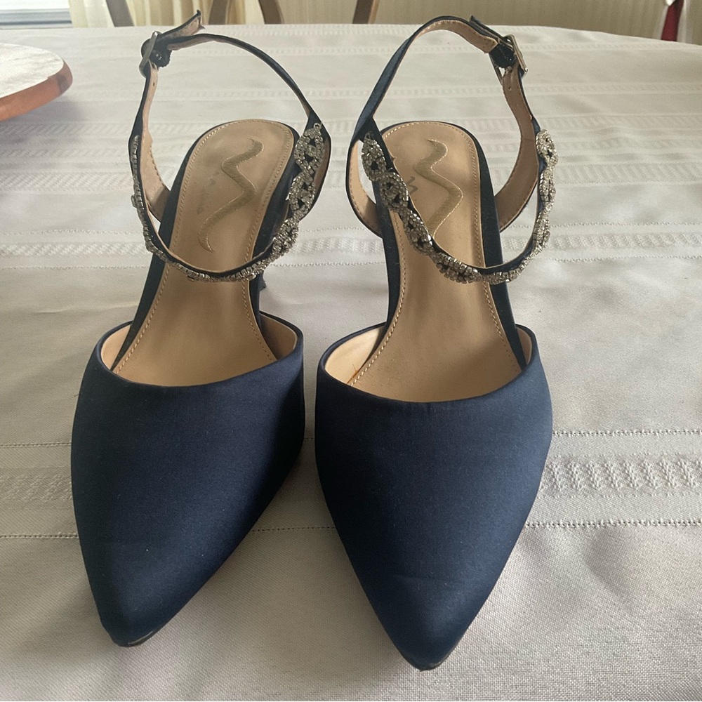 Nina Navy Satin Women's Heels with Crystal Strap